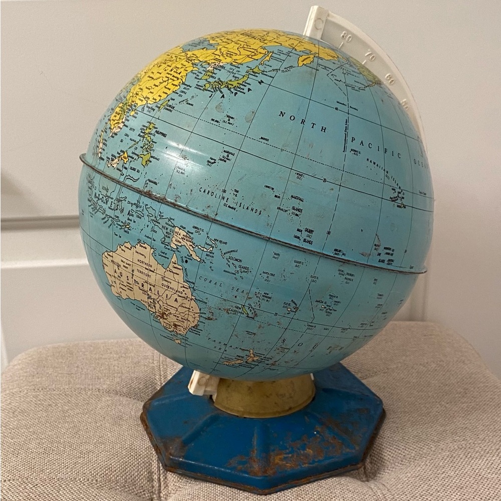 Vintage J. Chein & Company 9 Inch Blue Metal Tin World Globe - Made in USA